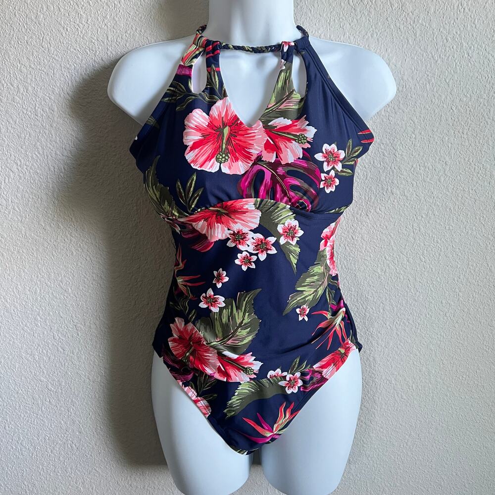 Kona Sol Navy Blue Floral One Piece Bathing Suit Women's L Padded High Neck Swim